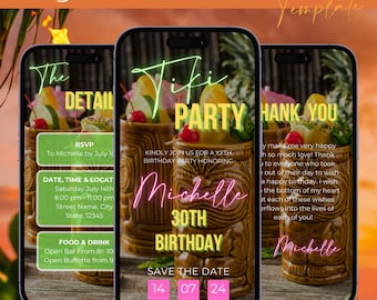 Può includere: Un invito digitale per una festa di compleanno di 30 anni a tema tiki. L'invito presenta un testo "Tiki Party" verde e giallo, un testo rosa "Michelle 30th Birthday" e una sezione "Save the date" con la data "14 07 24".