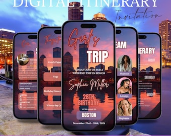 Invitación de itinerario de viaje digital a Boston Takeover, viaje de cumpleaños, vacaciones, programa de escapada de fin de semana, planificador de itinerario autoeditable para dispositivos móviles
