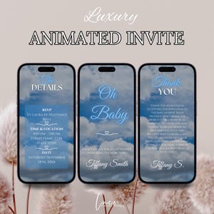 Invitación digital para baby shower de niño, invitación animada para baby shower, plantilla para baby shower de Blue Cloud Nine, itinerario editable y tarjeta electrónica de agradecimiento