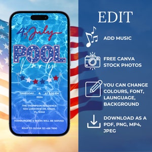 May include: A digital invitation for a 4th of July pool party. The invitation features a blue and red pool party theme with stars and stripes. The text on the invitation reads "4th of July Pool Party" and includes the date, time, and location of the party. The invitation also includes the text "Hamburgers & Beers will be served" and "RSVP to Olivia 123 456 7890".