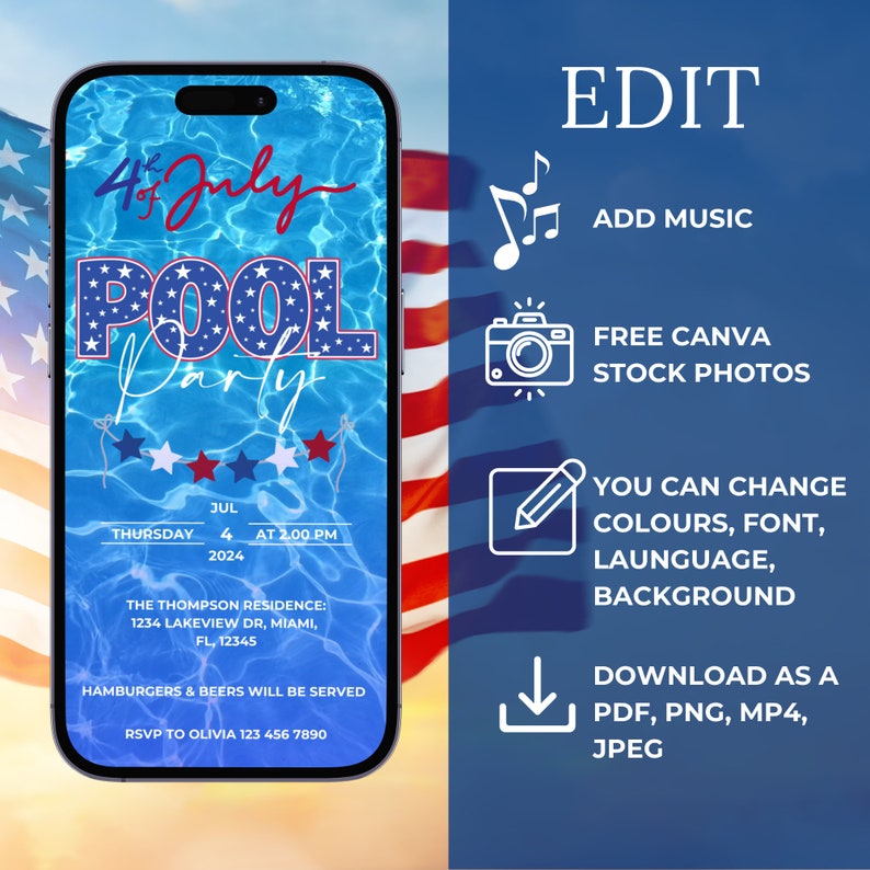 May include: A digital invitation for a 4th of July pool party. The invitation features a blue and red pool party theme with stars and stripes. The text on the invitation reads "4th of July Pool Party" and includes the date, time, and location of the party. The invitation also includes the text "Hamburgers & Beers will be served" and "RSVP to Olivia 123 456 7890".