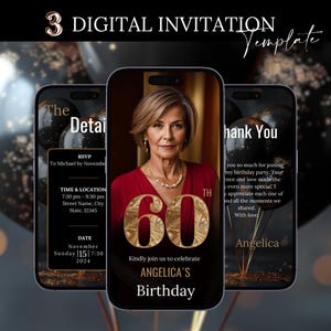 Digital 60th Birthday Party Video Invitation for women 60th Glam Invite For Her Animated Black Gold Silver Diamond Evite Editable Itinerary