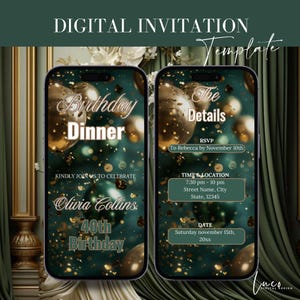 Digital Green Gold Birthday Party Invitation, Green Gold Glitter Editable Template, Any Age Evite Instant Download, Phone Birthday Evite