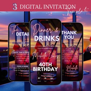 Birthday Dinner invitation, Birthday Digital Dinner and Drinks template, Dinner video invitation, Editable Dinner party invite Itinerary