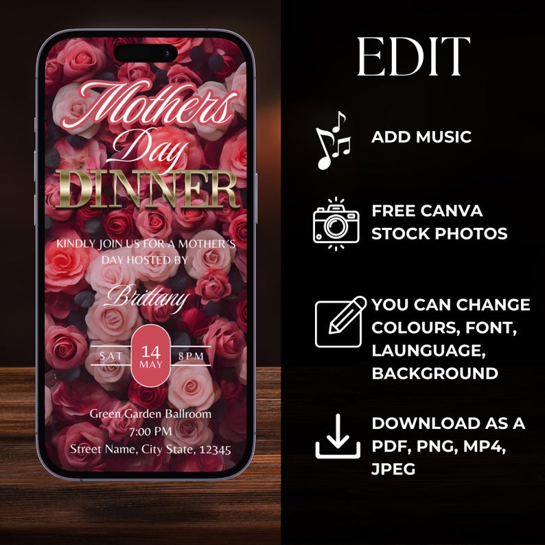 May include: A digital invitation for a Mother's Day dinner with a floral background. The invitation includes the text "Mother's Day Dinner", "Kindly join us for a Mother's Day hosted by Brittany", "Sat 14 May 8PM", "Green Garden Ballroom 7:00 PM", and "Street Name, City State, 12345".