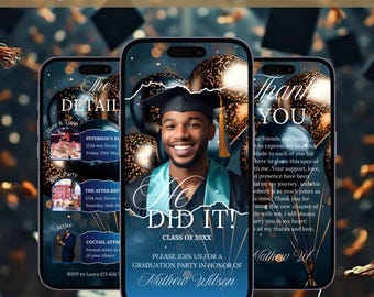 Digital He Did It Invitation, Animated Blue Gold Graduation College Party, Announcement Invite For Him, Mens Self Editable Template Card DIY