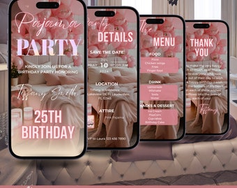 Digital Pajama Party Birthday Invitation, Animated PJs Fun Girls Night Invite, Pink   Bachelorette Party Evite, Editable Itinerary eCard