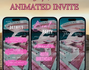 Digitale bootfeestuitnodiging, geanimeerde jachtfeestuitnodiging, neonroze cruise zomerbootfeest Evite, bewerkbare reisroutesjabloon e-card