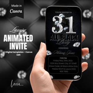 Digital 31st All Black Party Invitation, Birthday Dinner Invite, All Black Birthday Affair Itinerary, Black Party Template, DIY Canva Evite