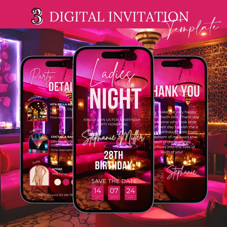 Digital Ladies Night Out Invitation, Animated Hot Pink Birthday Invite ...