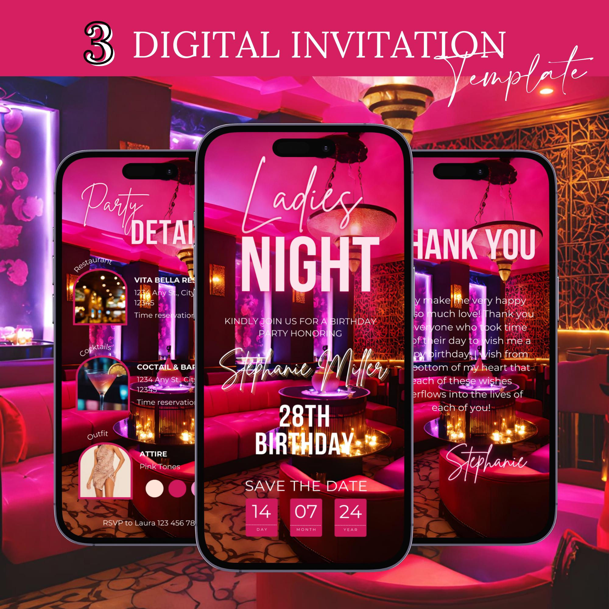 Digital Ladies Night Out Invitation, Animated Hot Pink Birthday Invite, Bachelorette Party Evite, Self Editable Custom Canva Template eCard