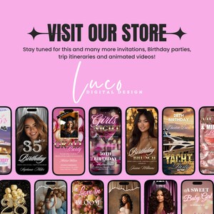 May include: Pink digital design advertisement with the text "VISIT OUR STORE". The image showcases various digital invitation designs for birthdays, parties, and events. Includes the text "Luco Digital Design".