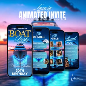 Convite digital para festa de barco, festa de iate animada, convite de aniversário para cruzeiro na praia, pôr do sol de verão, modelo editável faça você mesmo