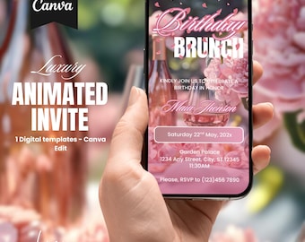Digitale roze bloemen brunch verjaardagsuitnodiging bloemblaadjes en prosecco bewerkbare canvassjabloon elegante brunchfeest Evite Instant Digitale Download