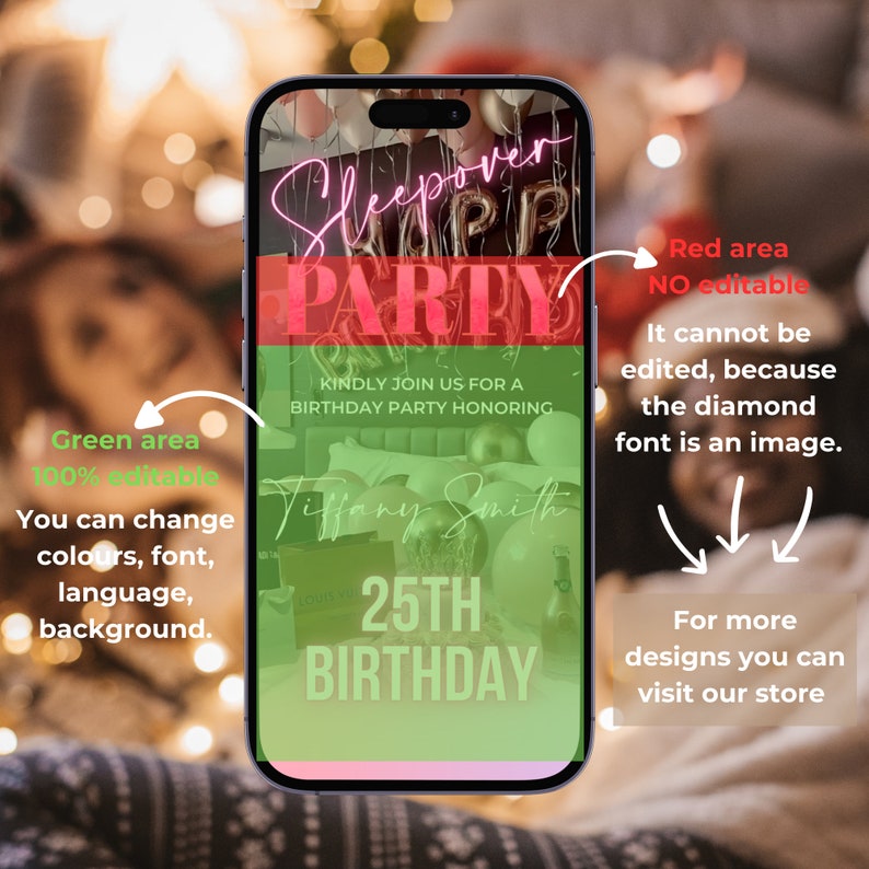 Puede incluir: Una invitaci&oacute;n digital para una fiesta de pijamas con texto rosa ne&oacute;n que dice "Sleepover Party" y una fuente de diamante que dice "25th Birthday". La invitaci&oacute;n est&aacute; en la pantalla de un tel&eacute;fono con un fondo verde y globos.