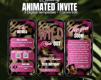 May include: Digital invitation template with a leopard print background and pink accents. The text reads "Luxury Animated Invite" and "Wild Night Out". Includes details for a birthday celebration, with the name Maia Anderson and the date.