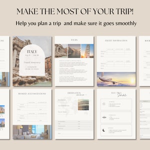 Pu&ograve; includere: Un modello di itinerario di viaggio con il testo "Make the most of your trip!" e "Help you plan a trip and make sure it goes smoothly." Il modello include pagine per viaggi in Italia, tour, informazioni sui voli e alloggi prenotati.