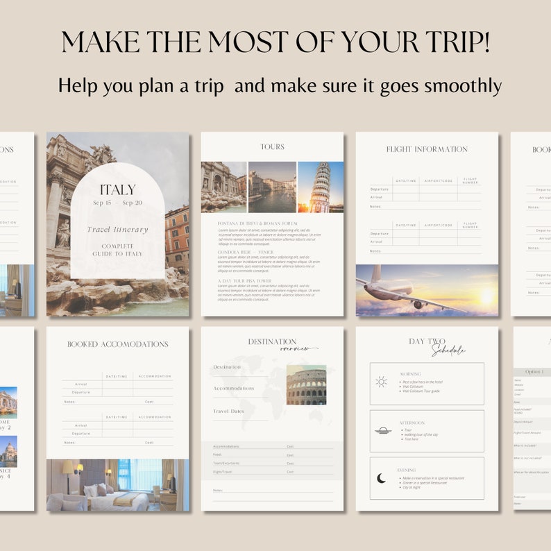 Pu&ograve; includere: Un modello di itinerario di viaggio con il testo "Make the most of your trip!" e "Help you plan a trip and make sure it goes smoothly." Il modello include pagine per viaggi in Italia, tour, informazioni sui voli e alloggi prenotati.