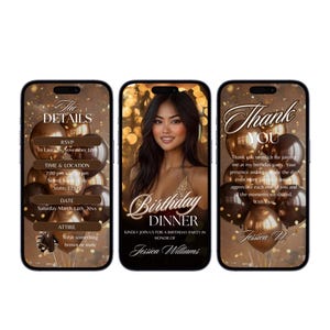 May include: A digital invitation for a birthday dinner party. The invitation features a photo of a woman with a gold background and balloons. The text on the invitation reads "Birthday Dinner" and "Kindly join us for a birthday party in honor of Jessica Williams".