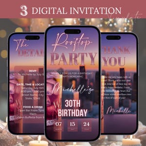 Faire-part d'anniversaire sur le toit, Flyer d'invitation sur le toit, cocktail pour adultes, invitation à une célébration sur le toit pour femmes et hommes