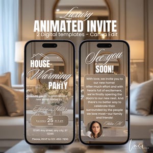 May include: A digital animated housewarming party invitation with a brown and gold color scheme. The invitation features a phone screen with the text "House Warming Party" and the date "May 25, 202X" at 5 pm. The invitation also includes the text "See you soon!" and a message about celebrating a new home.