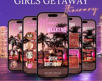 Miami Birthday Trip Weekend Getaway Digital Editable Invite Template with a Vacation Itinerary, Birthday Weekend Invitation, Animated Invite