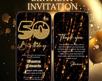 50th Birthday Invitation For Her, Black Gold Diamond Animated Digital Evite, Glam Dinner Editable Template, Instant Download