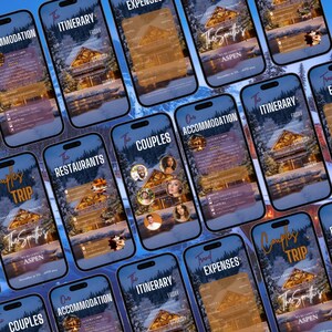 May include: Multiple smartphones displaying travel itinerary information. The screens show details for a trip to Aspen, including accommodation, restaurants, and expenses. The design features a cabin image and the text "The Smiths".