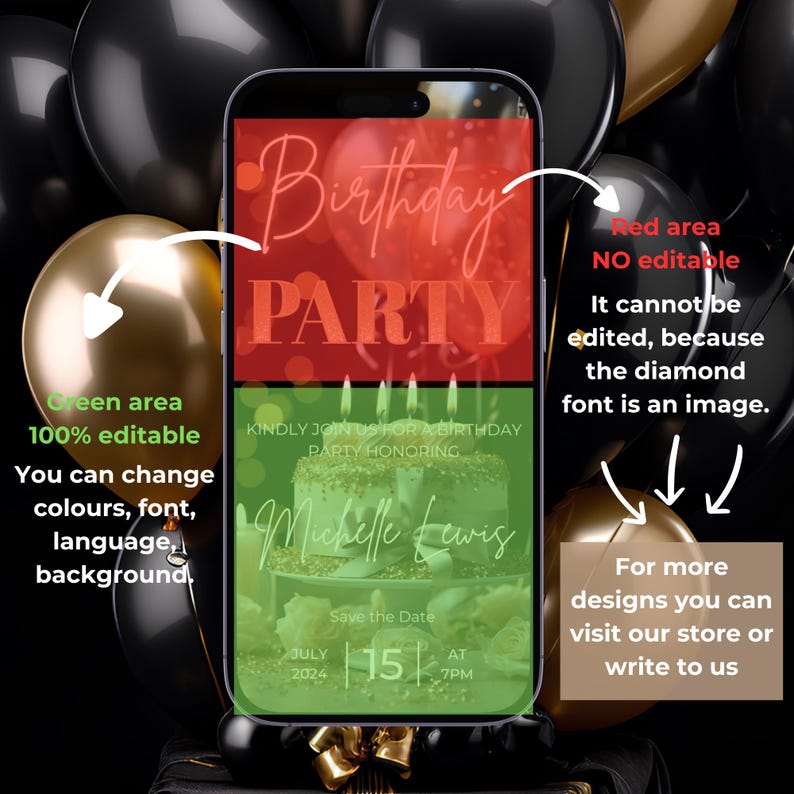 May include: A digital birthday party invitation with a green and red background. The top section says "Birthday Party" in a diamond font. The bottom section has a cake with candles and the text "Kindly join us for a birthday party honoring Michelle Lewis. Save the Date July 15, 2024 at 7pm."