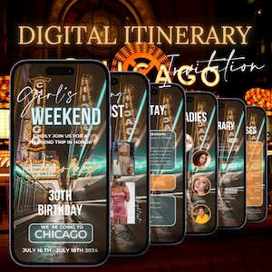 Invito all'itinerario di viaggio della ragazza digitale Chicago Takeover, compleanno viaggio Illinois vacanze weekend fuga programma pianificatore automodificabile