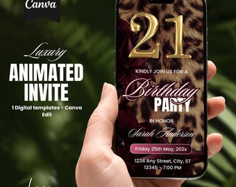 Digital Leopard 21st Birthday Party Invitation, Editable Digital Birthday Girl 21st Cheetah Print Gold Women Party Evite DIY Template