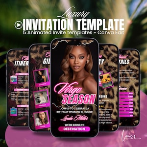 May include: A digital invitation template on smartphones. The design features a woman's portrait, the words "Virgo Season," and event details. The background includes a leopard print and pink accents. The text reads "Luxury Invitation Template."