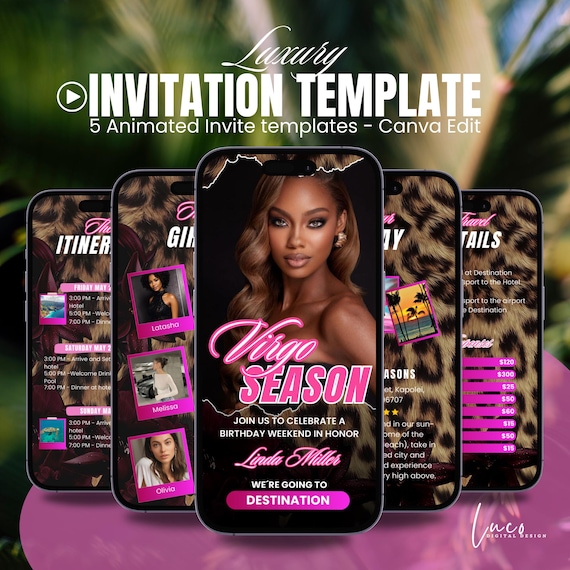 Digital Virgo Birthday Itinerary Template Digital Travel Schedule Leopard Print Girls Trip Weekend Planner Cheetah Pink Edit Party Invite