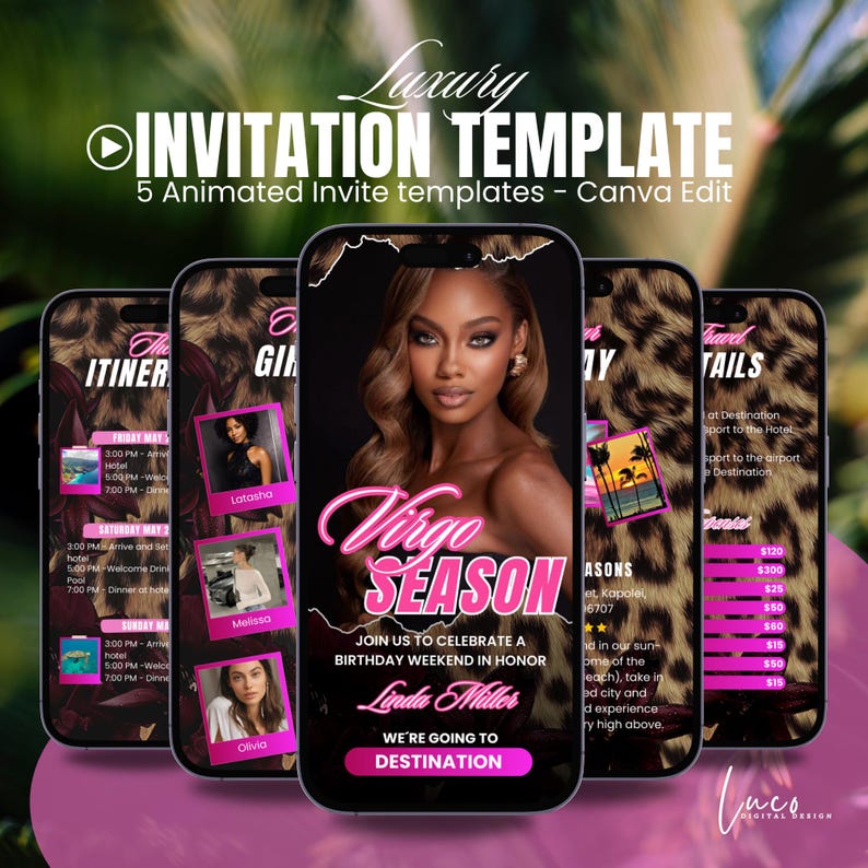 May include: A digital invitation template on smartphones. The design features a woman's portrait, the words "Virgo Season," and event details. The background includes a leopard print and pink accents. The text reads "Luxury Invitation Template."