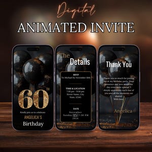 Digital 60th Birthday Party Video Invitation, 60th Glam Invite For Her, Animated Black Gold Silver Diamond Evite, Editable Itinerary eCard