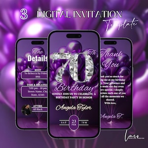 Digital 70th Birthday Invitation Template for Women, Seventieth Purple Birthday Invite Neon Diamond Text Birthday Digital Mobile Phone Evite