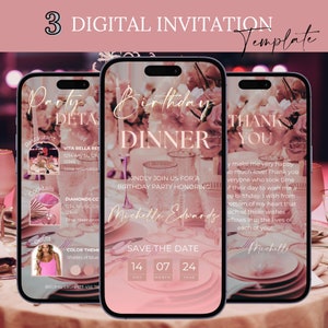 Digital Birthday Dinner invitation, Birthday Dinner, Digital Birthday Party Invite, Editable Template, Text, Pink Birthday Party, text evite