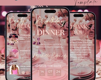 Digital Birthday Dinner invitation, Birthday Dinner, Digital Birthday Party Invite, Editable Template, Text, Pink Birthday Party, text evite