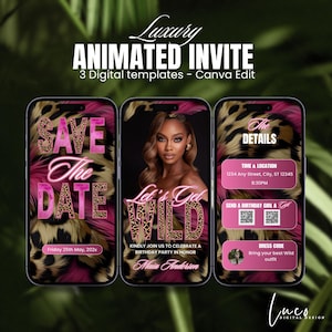 Digital gepardfödelsedagsinbjudan med fotoredigerbar rosa tjejkvällsfest, animerad röd leopardmönstrad middagsdrycker gör-det-själv-mall