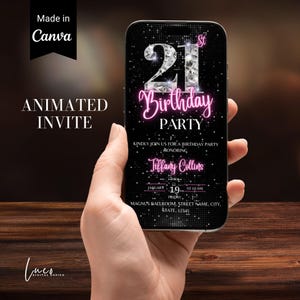 Faire-part numérique pour 21 ans, invitation de 21 ballons diamants roses blush filles pour elle, Evite animé pour femme, modèle de carte électronique auto-modifiable