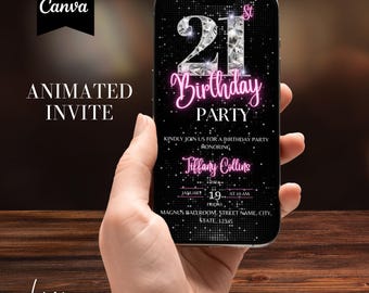 Invito digitale per il 21° compleanno, invito per lei con palloncino a forma di diamante per ragazze rosa cipria 21, invito animato per donne, modello eCard automodificabile