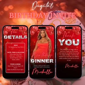 Invito digitale per festa di compleanno, cena di compleanno, invito digitale per festa di compleanno, modello modificabile, invito di testo, invito rosso per festa di compleanno