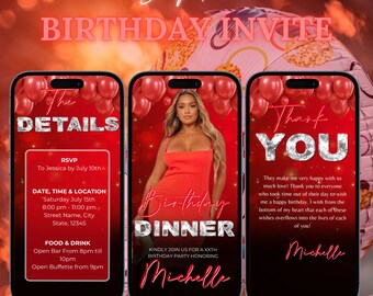 Faire-part d'anniversaire numérique, dîner d'anniversaire, invitation numérique à une fête d'anniversaire, modèle modifiable, texte, invitation à une fête d'anniversaire rouge