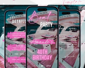 Digital Boat Party Invitation, Animated Yacht Party Invite, Pink Cruise Summer Boat Party Evite, Editable Itinerary Template eCard