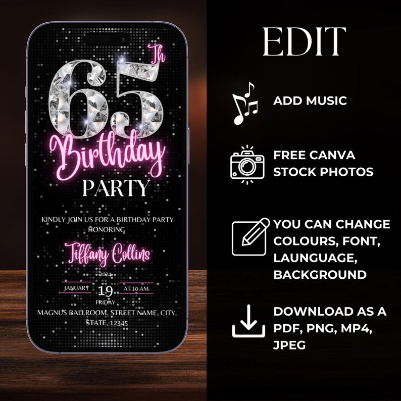 Digital 65th Birthday Invitation, Blush Pink Girls 65 Th Neon Diamond ...