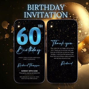 Digital 60th Birthday Party Video Invitation, 60th Glam Invite For Him, Animated Black Blue Diamond Evite, Editable Itinerary eCard