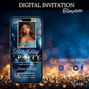 Modern Digital Blue Birthday Dinner Invitation Editable Template, Glamorous Birthday Celebrate Invite, Luxurious Mobile Birthday Party, DIY