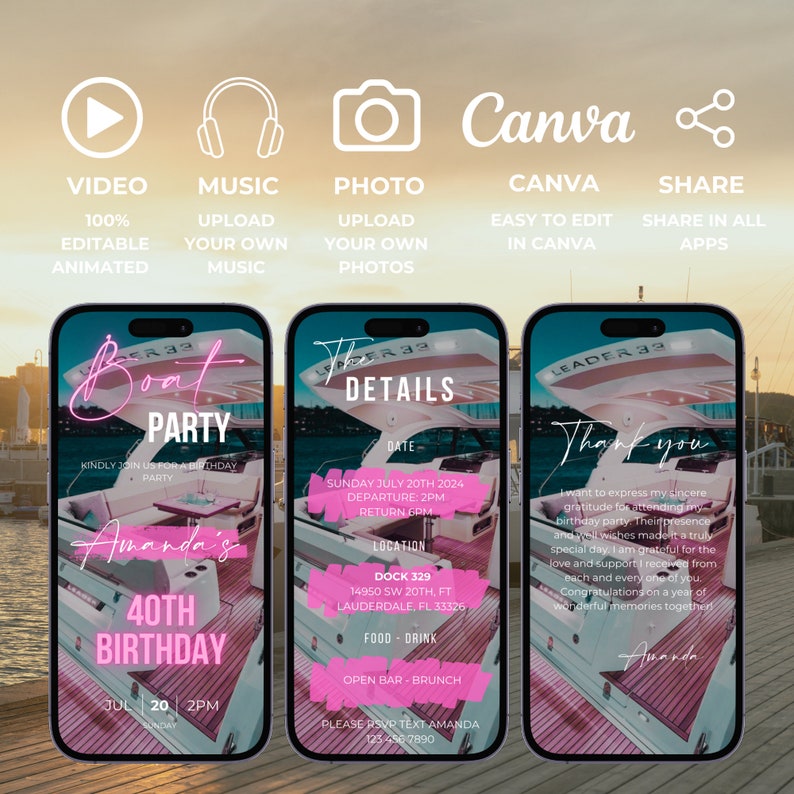 May include: A pink and white boat party invitation with a pink neon sign that says "Boat Party". The invitation includes details for Amanda's 40th birthday party, including the date, time, location, and RSVP information.