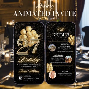 Digital 27th Birthday Party Video Invitation, 27th Invite For Her , Animated Black Gold  Diamond Evite, Self Editable Itinerary eCard DIY