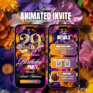 Digital Floral 29th Birthday Invitation Purple Yellow Flowers Editable 29th Glam Dinner Brunch Itinerary Template Video Birthday Invite DIY